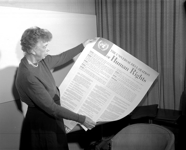 Eleanor Roosevelt holds the declaration